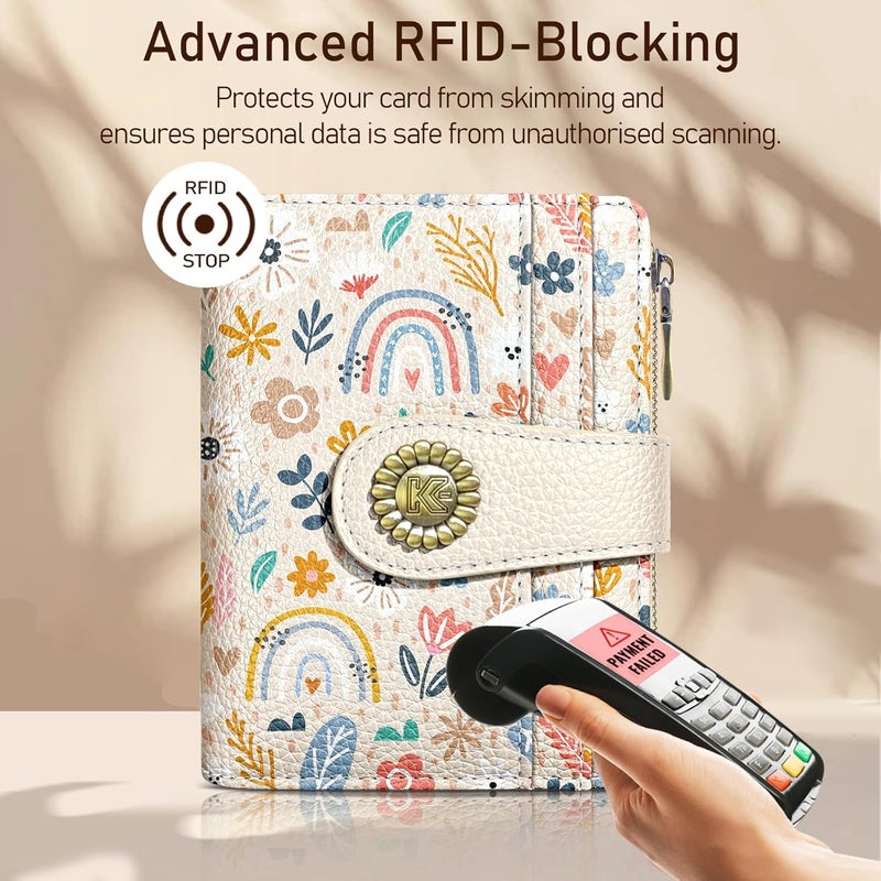 Kelvoris Rainbow Flower Floral Small Rfid Women Wallet Bifold Zipper Coin Pocket PU Leather Compact Cash Credit Card Holder Travel Wallet for Female Ladies Teen Girls 1 ID Window 10 Card Slots - Image 3